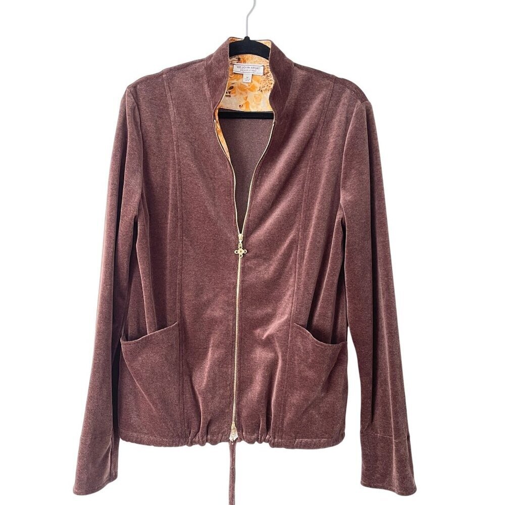 St. John Sport Size M Brown Velour Zip-Up Jacket Sweater Drawstring Hem
